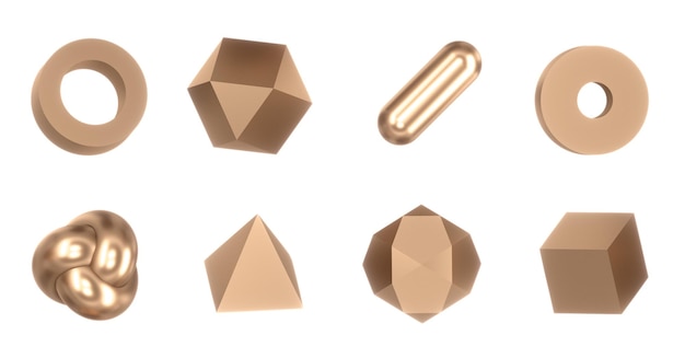 Conjunto de objetos de formas geométricas doradas 3d Elementos de geometría realista de oro rojo