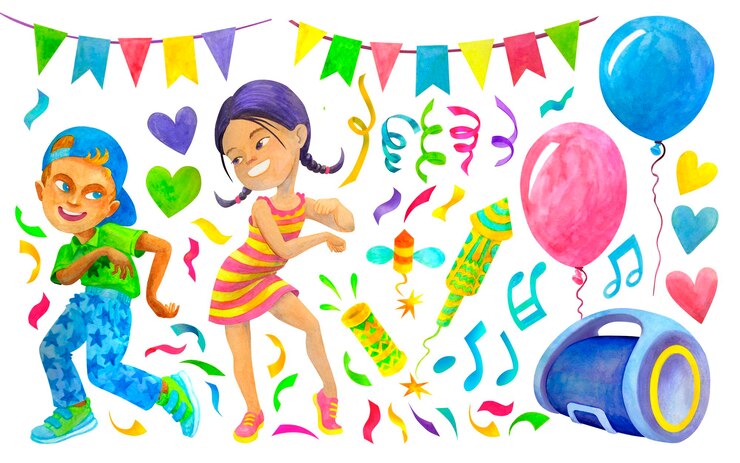 Foto conjunto de objetos y personajes de fiestas infantiles con bandera, guirnalda, confeti, serpentina, notas, fuegos artificiales.