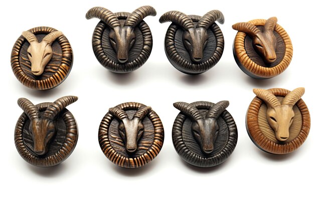 Foto conjunto de ocho perillas de cabeza de carnero en fondo blanco para muebles