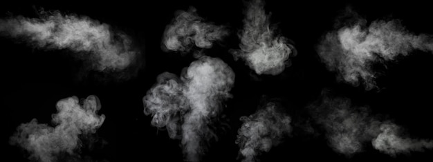 Un conjunto de ocho tipos diferentes de remolinos de vapor de humo retorcido aislado en un fondo negro para superponer en tus fotos Vapor horizontal y vertical Fondo ahumado abstracto