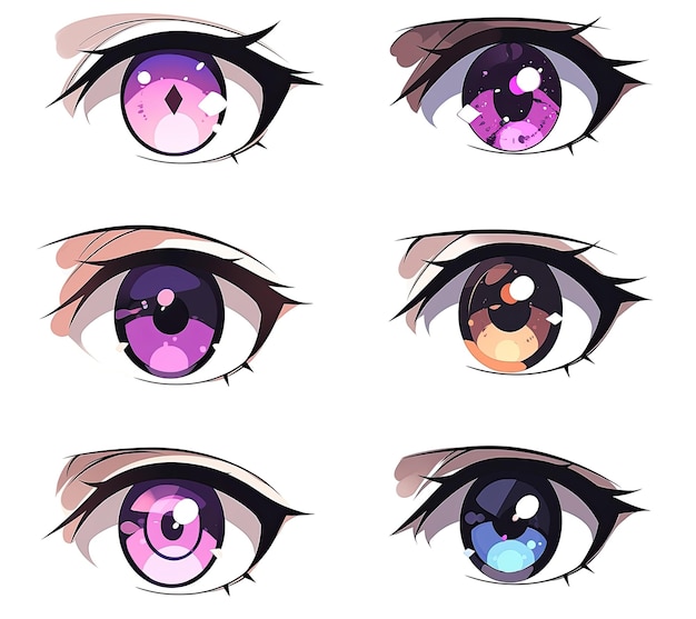 Conjunto de ojos femeninos de anime con diferentes tipos de maquillaje Ilustración vectorial