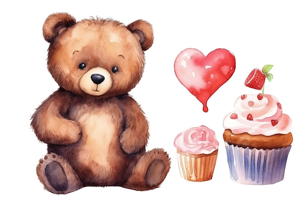 Conjunto de oso de San Valentín con cupcake y galleta pintados en acuarela sobre un fondo blanco aislado IA generativa