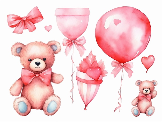 Conjunto de osos de peluche y fiesta de globos Regalos bonito bebé oso de peluque Dibujar colección de ilustraciones vectoriales oso gracioso con corazón rosa para el día de San Valentín estilo acuarela