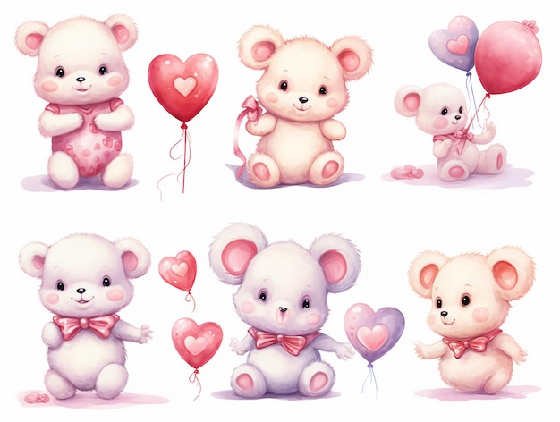 Conjunto de osos de peluche y fiesta de globos Regalos bonito bebé oso de peluque Dibujar colección de ilustraciones vectoriales oso gracioso con corazón rosa para el día de San Valentín estilo acuarela