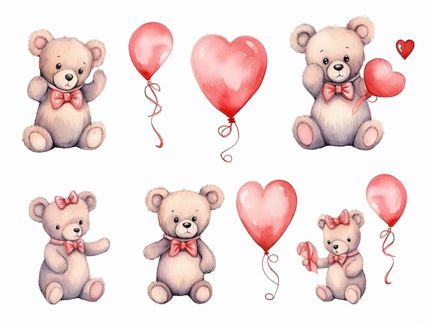 Conjunto de osos de peluche y fiesta de globos Regalos bonito bebé oso de peluque Dibujar colección de ilustraciones vectoriales oso gracioso con corazón rosa para el día de San Valentín estilo acuarela