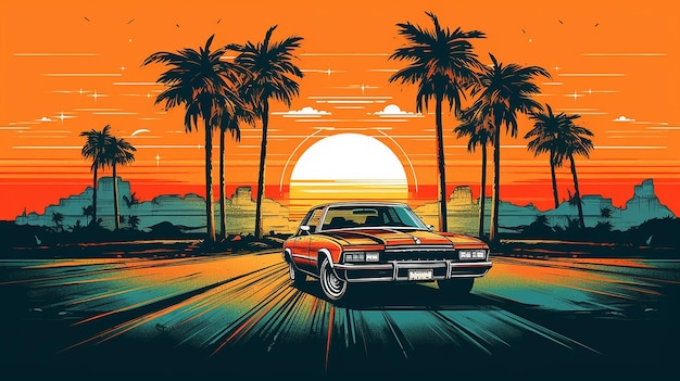 Conjunto de paisaje de colección gráfica retro puesta de sol con coche AI generativa