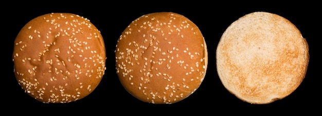 Conjunto de pan de hamburguesa aislado sobre fondo negro Vista desde arriba