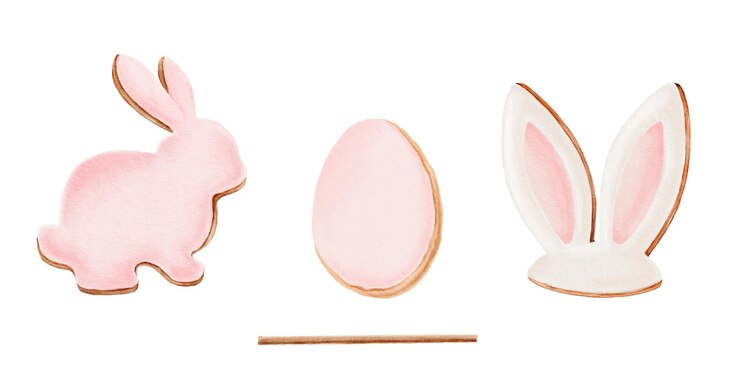 Foto conjunto de pan de jengibre con forma de conejo, orejas de conejo y forma de huevo con pincho de madera se ve bien en pegatinas, textiles de cocina, tarjetas de felicitación, papel de envolver