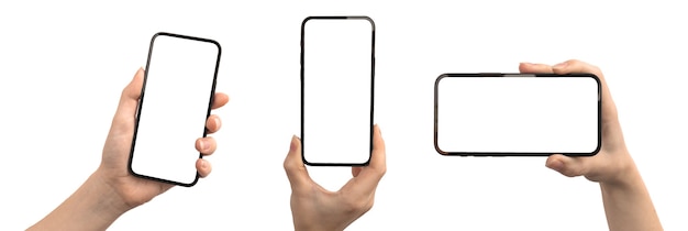 Conjunto de pantalla de maqueta de teléfono móvil en la mano aislado en un fondo blanco, espacio de copia, trazado de recorte