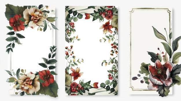 Este conjunto de papelería botánica de acuarela es una elegante colección de plantillas florales que incluyen invitaciones de boda pancartas en blanco y marcos con espacio para texto personalizado