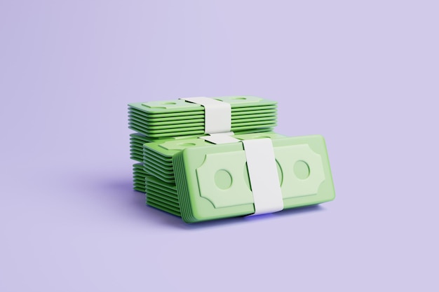 Conjunto de paquetes de dinero sobre fondo púrpura dólares estadounidenses Concepto de dinero y pago Render 3D simple