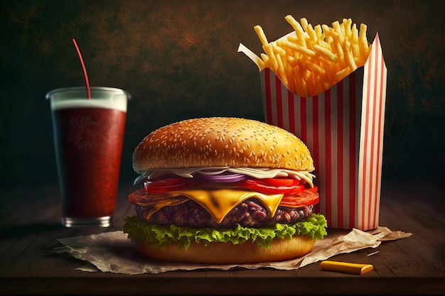 Foto conjunto para fast food de hambúrguer e batatas fritas com copo de bebida