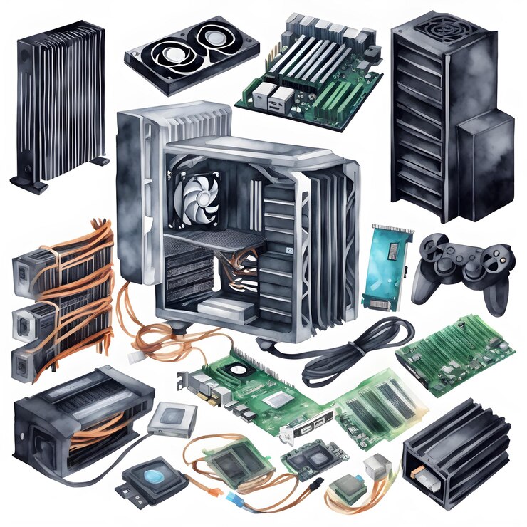 Foto conjunto de partes principales de una computadora de juegos ilustración aislada pintada a mano en acuarela