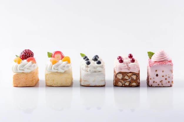 Conjunto de pasteles deliciosos Pequeños pasteles dulces aislados sobre un fondo blanco Productos de panadería Diseño de pancartas