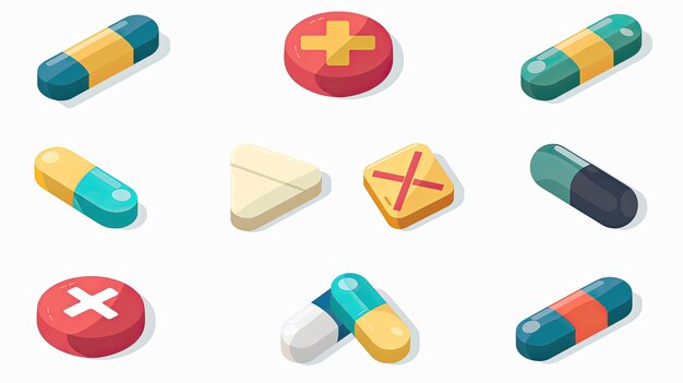 Un conjunto de pastillas de colores con una cruz roja en una y una X en otra