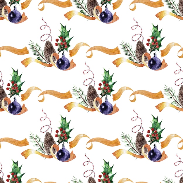 Un conjunto de patrones sin fisuras de acuarela con atributos navideños, juguetes, plantas y cintas