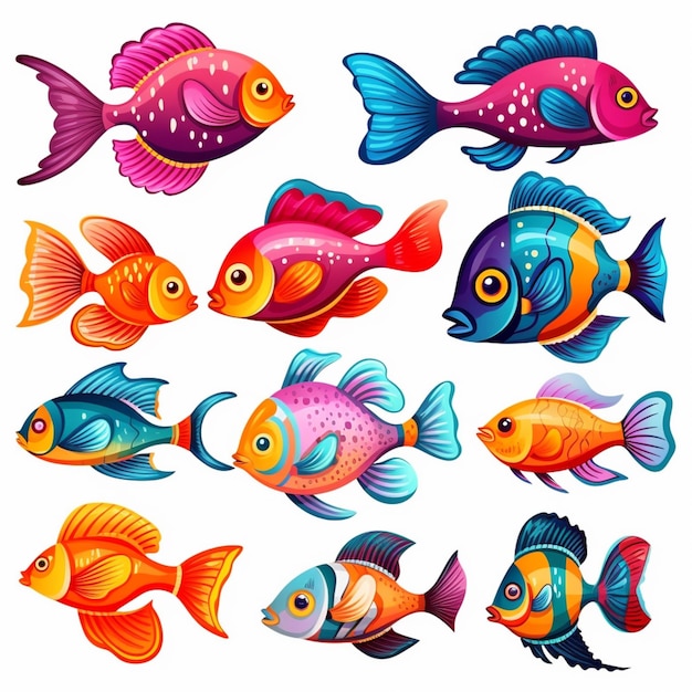 un conjunto de peces de colores sobre un fondo blanco ai generativo