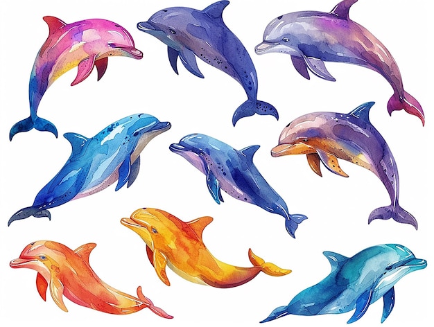 conjunto de peces coloridos en estilo acuarela sobre un fondo blanco colores vívidos