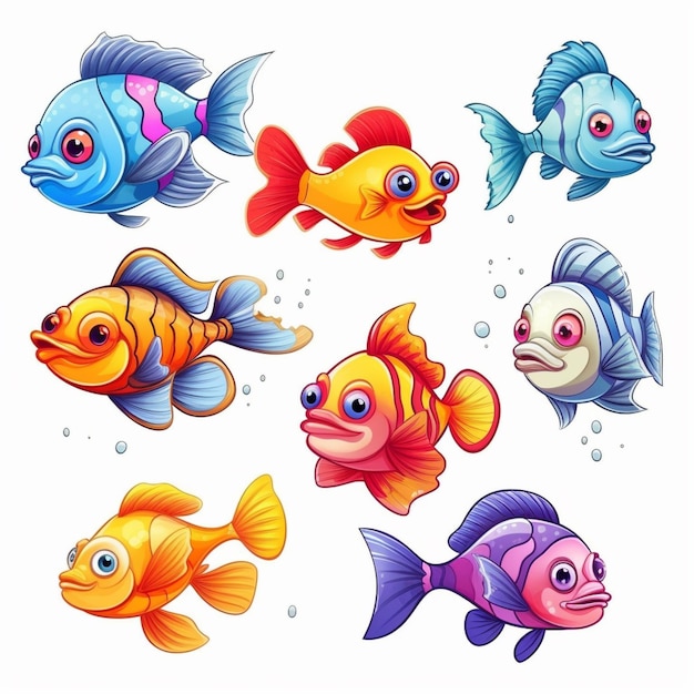 Foto un conjunto de peces de dibujos animados con diferentes colores y tamaños ai generativo