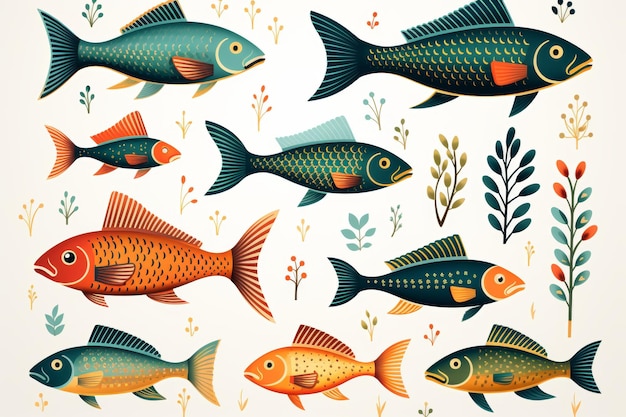 Conjunto de peces verdes y naranjas y iconos de plantas en una ilustración blanca al estilo de dibujos animados
