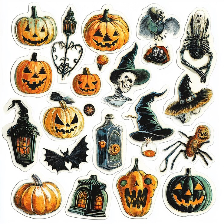 Foto conjunto de pegatinas de halloween pegatinas cortadas aisladas sobre un fondo blanco