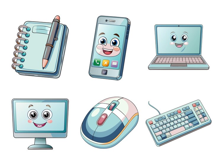 Foto conjunto de pegatinas de oficina con portátil y monitor de teléfono inteligente
