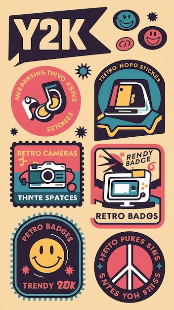 Conjunto de pegatinas Y2k Diseño vectorial Elementos de arte pop frescos Parches de moda Insignias retro Gráficos