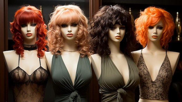 Conjunto de pelucas juveniles modernas de mujeres usadas en maniquíes en una tienda ilustración de las tendencias de la moda en la apariencia generada por IA