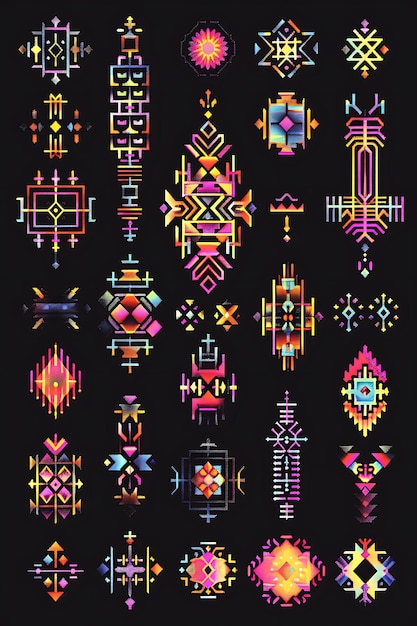 Conjunto de pendientes decorativos de pared de 8 bits de píxeles con diseños intrincados juego de activos collage diseño artístico