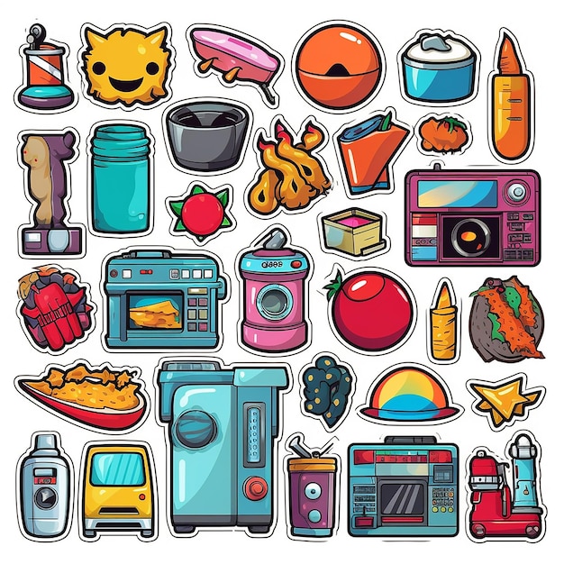 Un conjunto de pequeñas pegatinas de vinilo estilo pop art objetos populares