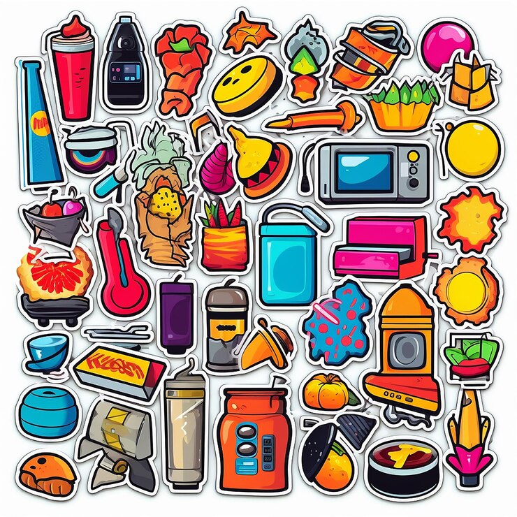 Foto un conjunto de pequeñas pegatinas de vinilo estilo pop art objetos populares