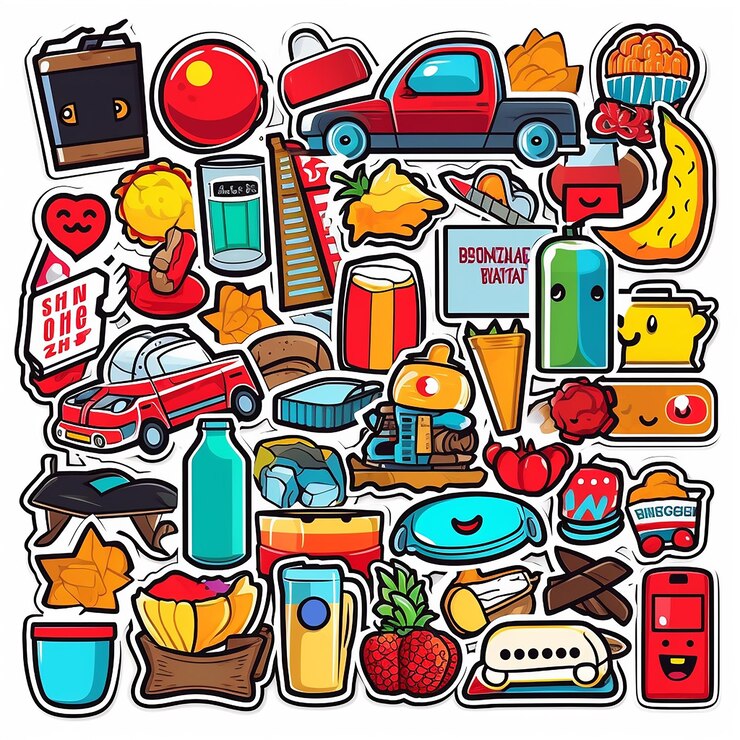 Foto un conjunto de pequeñas pegatinas de vinilo estilo pop art objetos populares