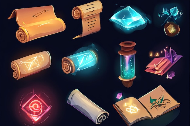 Un conjunto de pergaminos y sobres mágicos en estilo de dibujos animados con gráficos vectoriales en un fondo oscuro