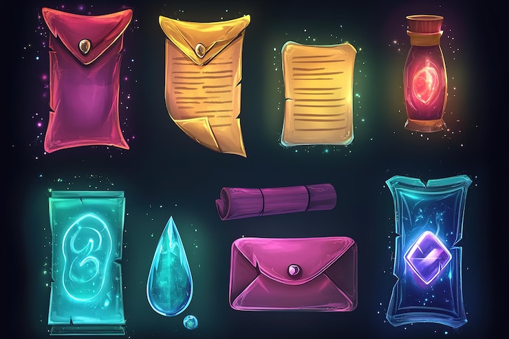 Foto un conjunto de pergaminos y sobres mágicos en estilo de dibujos animados con gráficos vectoriales en un fondo oscuro