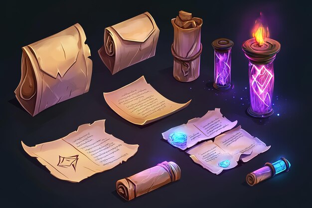 Un conjunto de pergaminos y sobres mágicos en estilo de dibujos animados con gráficos vectoriales en un fondo oscuro