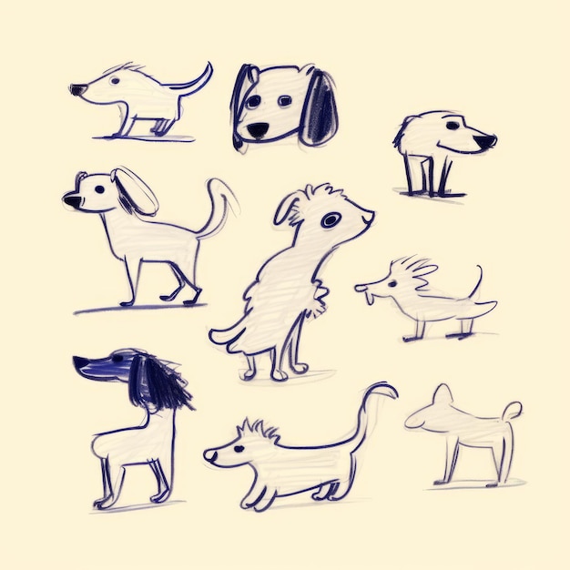 Foto conjunto de perros de dibujos animados lindos ilustración vectorial dibujada a mano en estilo boceto