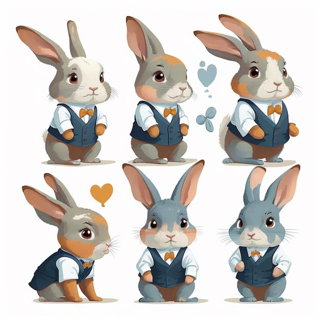 Conjunto de personajes de conejo de dibujos animados con diferentes poses de un ai generativo de conejo