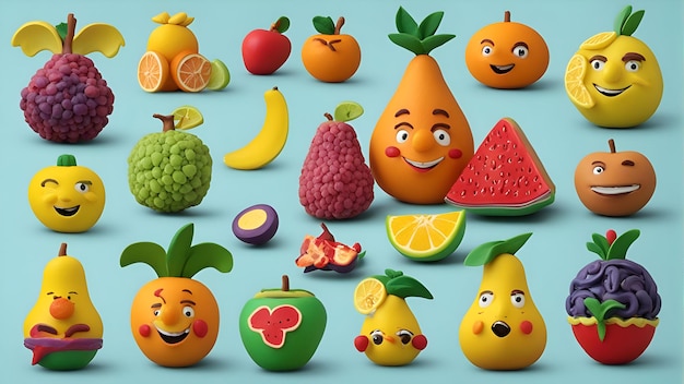 Foto conjunto de personajes de frutas coloreada colección de frutas de dibujos animados ilustración vectorial