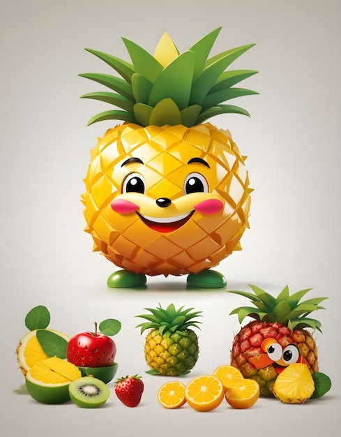 conjunto de personajes de mascota de piña 3d de frutas frescas