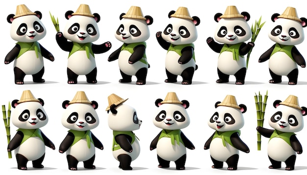 Foto conjunto de personajes de panda 3d