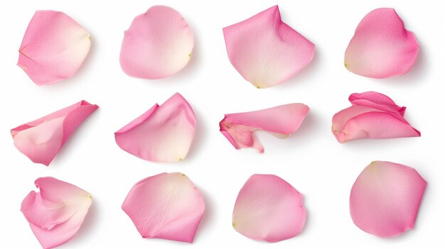 Conjunto de pétalos de flores de rosa aislados en el fondo