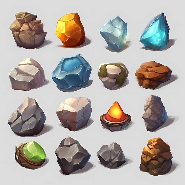 Foto un conjunto de piedras en estilo de dibujos animados el tema de los juegos de fantasía generados por ia