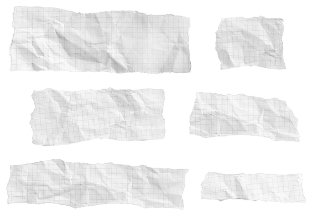 Conjunto de piezas de papel gráfico rasgadas y arrugadas aisladas sobre un fondo blanco