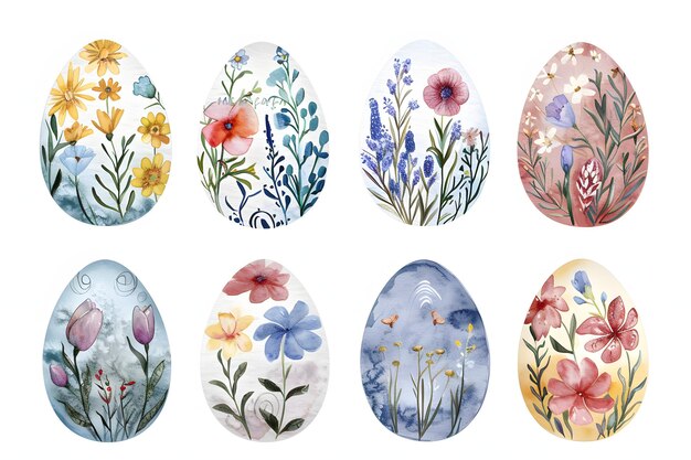 conjunto de pinturas en acuarela de huevos de Pascua sobre fondo blanco