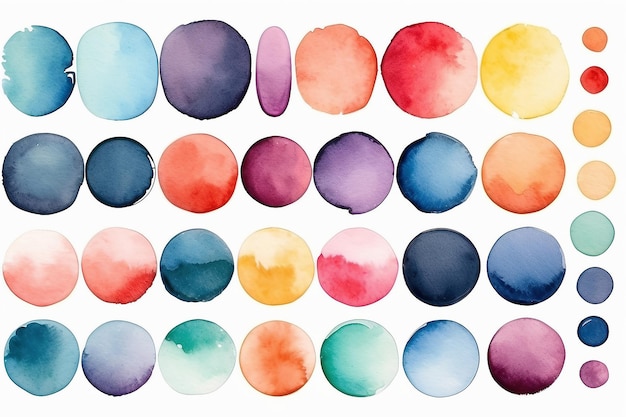 Conjunto de pinturas de acuarela semitransparentes muestras de pincel de círculos de color de todos los gradientes de color aislados