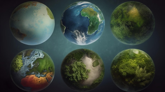 Un conjunto de planetas con plantas verdes y las palabras tierra en la parte inferior.