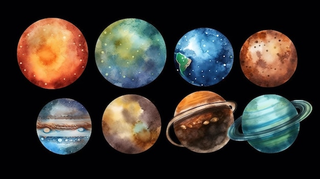 Conjunto de planetas del sistema solar aislado sobre fondo negro Color brillante Generativo Ai