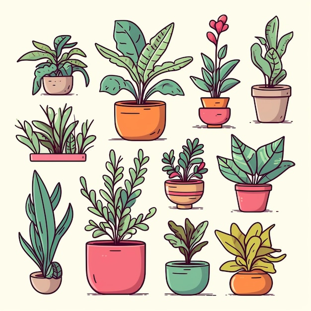 un conjunto de plantas en macetas de diferentes colores y tamaños ai generativo