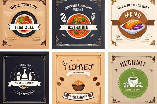 Conjunto de plantillas de diseño de folletos de menús de restaurantes en tamaño A4 Ilustraciones vectoriales
