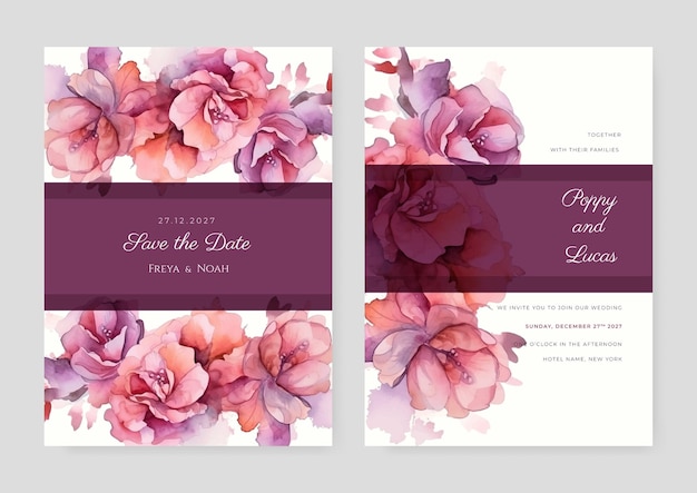 Conjunto de plantillas de invitación de boda con decoración floral y de hojas